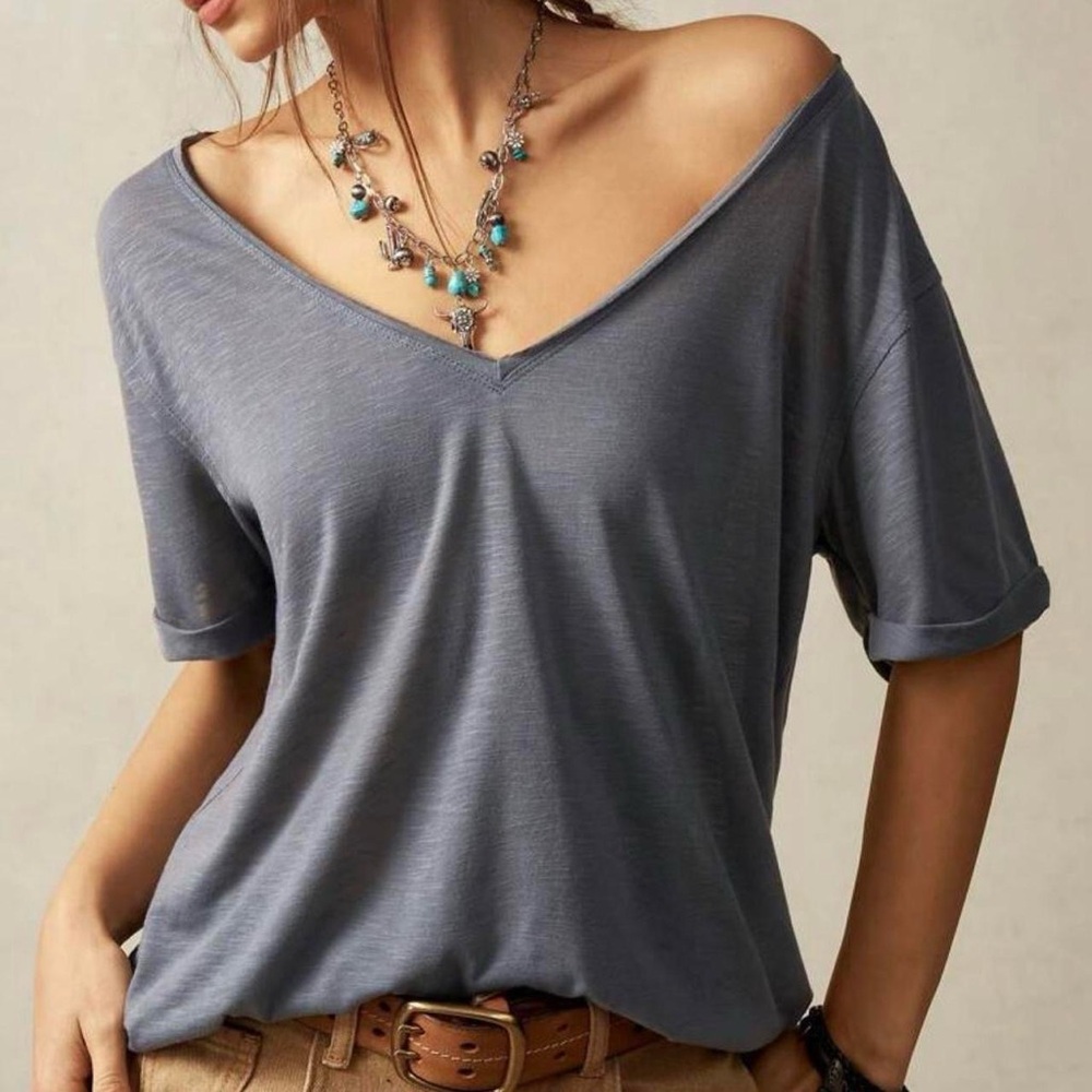 Elegant V-Neck Short Sleeve Top in Slate Blue Oversized